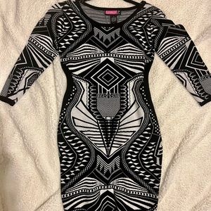 Tribal Black and white Bodycon dress 3/4 sleeve midi